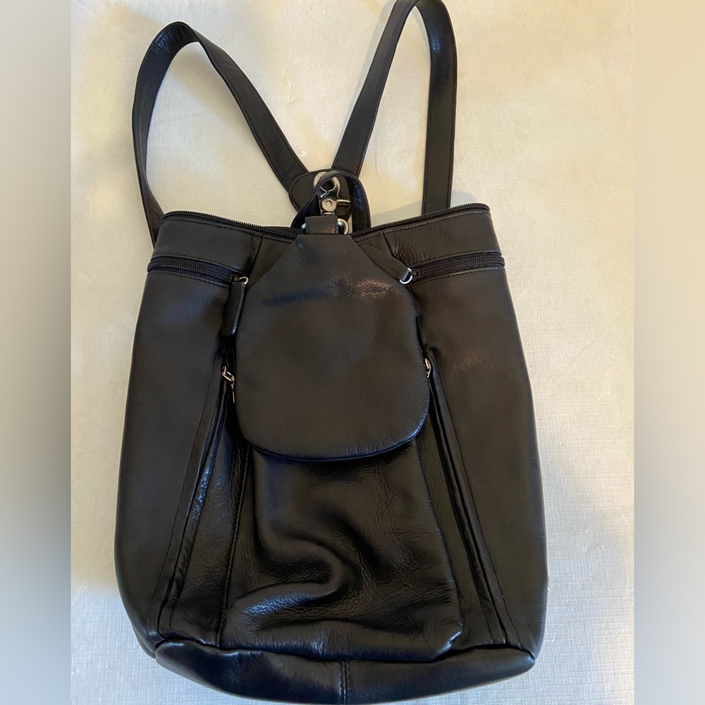 Tignanello soft pebble leather multi compartment backpack black silver hardware